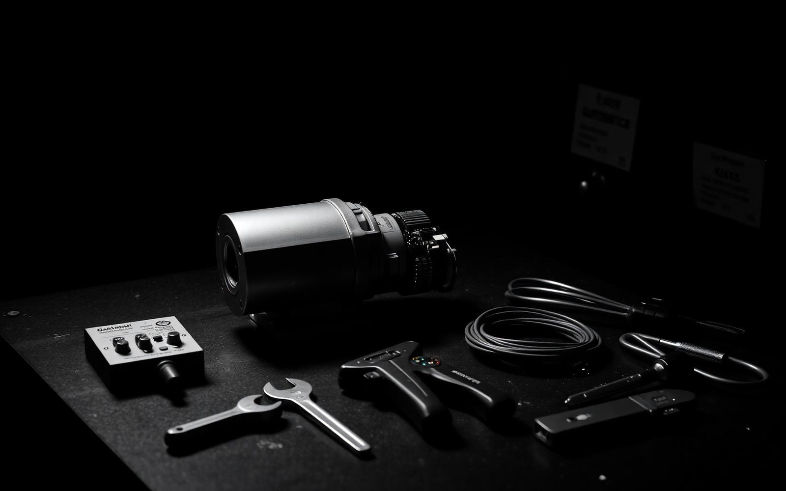 Bancada com motor de portão, placa eletrônica e ferramentas